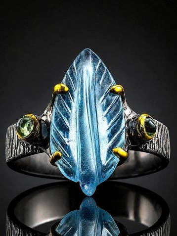 Uitgehouwen aquamarijnring - 925 sterlingzilver - zwart
