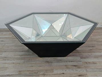 Salontafel - Hout - Glas - Geometrische sculptuur 70-80, Nieuw