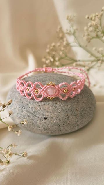 Rozenkwarts Edelsteen Macrame Armband - Roze, Overige materialen, Met edelsteen, Verzenden, Nieuw