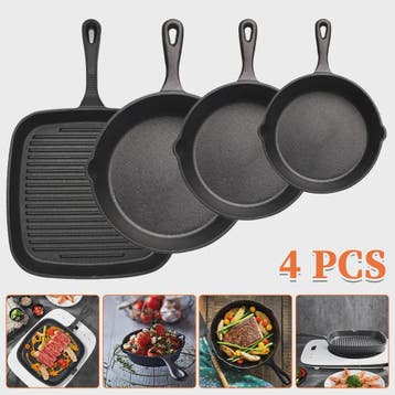 Set van 4 Gietijzeren Koekenpannen - Non-stick, Vooraf Ingeb, Verzenden, Nieuw