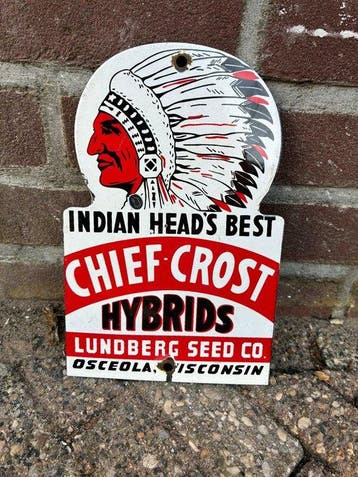 Vintage Chief Crost Hybrids Emaille Reclamebord – Americana