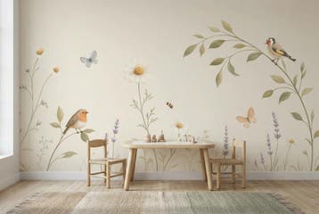 Bloemen behang kinderkamer – vogels en vlinders, Verzenden, Fotobehang