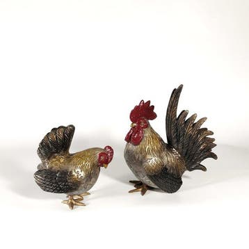 Bronze RoosterHen Okimono (), with tomobako - sculptuur