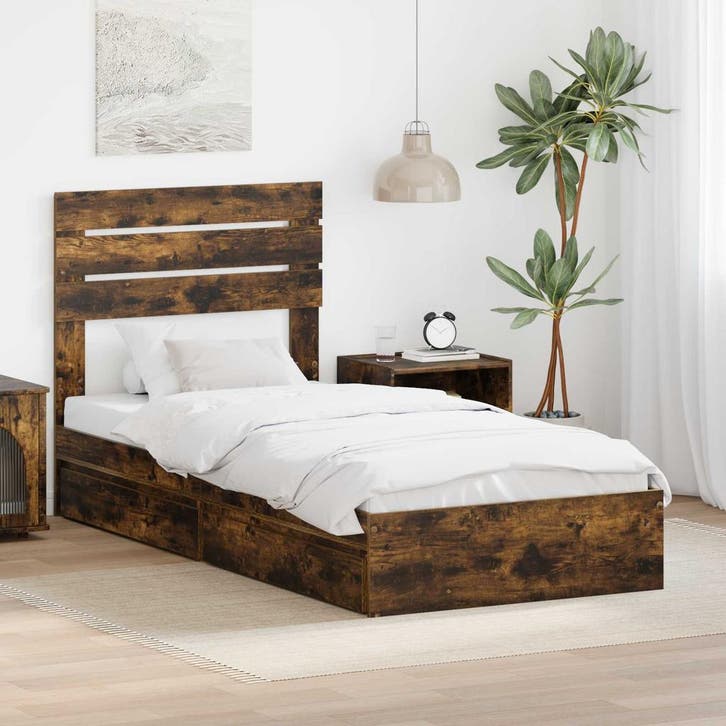 vidaXL Opslag bed met lade Gerookt eiken 90 x 200 cm Bewerkt, Huis en Inrichting, Slaapkamer | Bedden, Bruin, Nieuw, Hout, Verzenden