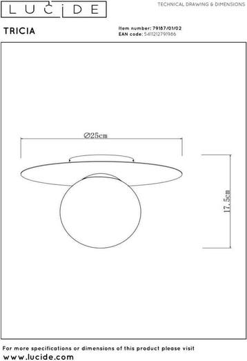 Lucide TRICIA - Plafonnière (Plafondlamp) - Ø 25 cm - 1xE27, Huis en Inrichting, Ophalen of Verzenden, Zo goed als nieuw