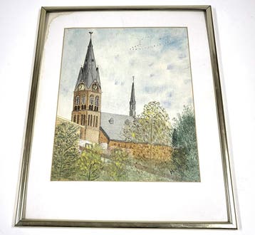 Vintage aquarel van een kerktoren met klok, ingelijst, Verzenden, Gebruikt