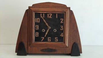 Amsterdamse School klok - Art Deco Messing, Eiken-Coromandel, Antiek en Kunst, Antiek | Klokken