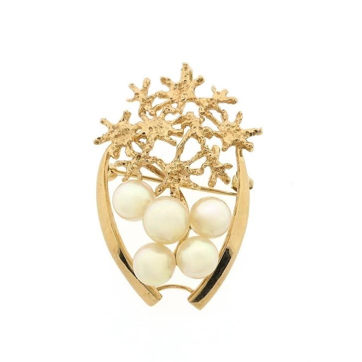 Vintage gouden hanger/broche met parels (Hanger of bedel), Sieraden, Tassen en Uiterlijk, Bedels, Gebruikt, Overige merken, Goud