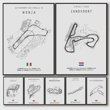 Vintage Formule 1 Circuit Canvas Posters - Zwart Wit Wanddec, Verzenden, Nieuw