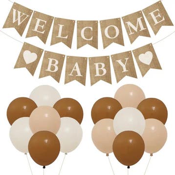 Jute slinger Welcome Baby met 2 harten en 18 ballonnen, Verzenden, Nieuw, Geboortebord