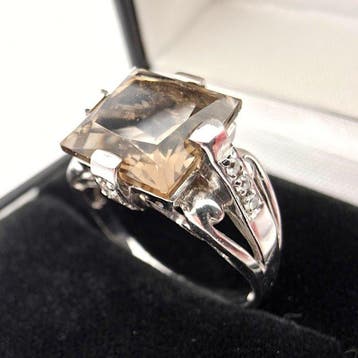 Zonder minimumprijs - Ring Zilver - rookkwarts, witte topaas, Nieuw
