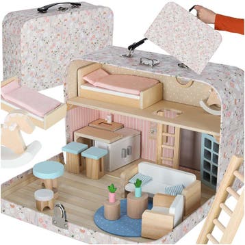 Poppenhuis in Koffer met Houten Meubels – Mini Draagbaar, Ophalen of Verzenden, Nieuw