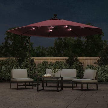 vidaXL Zweefparasol met LED-verlichting 350 cm bordeauxrood, Verzenden, Nieuw, 3 tot 4 meter, Zweefparasol