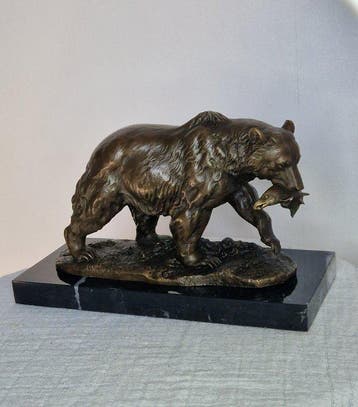 Beeldje - Bronzen beer op marmeren voet - Brons, Marmer