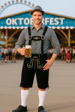 Grijs Oktoberfest Kostuum met Zwarte Lederhosen - Maat L, Kleding | Heren, Ophalen of Verzenden, Nieuw, Maat 52/54 (L)