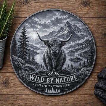 Schotse Hooglander wandbord rond 25 cm – aluminium Dibond, Eigen ontwerp, Vintage, Nieuw, Wandcirkel