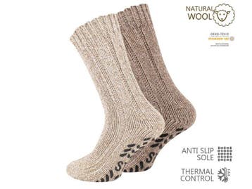2 paar Noorse wollen sokken met antislip - Beige/Bruin, Verzenden, Nieuw