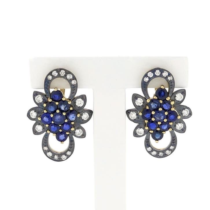 Goud/zilveren oorhangers met saffier en diamant; Ca. 0,51..., Sieraden, Tassen en Uiterlijk, Oorbellen, Zilver, Gebruikt, Met edelsteen