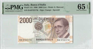 1990 Italy 2000 Lire Pick 115 Pmg Gem Unc 65 Epq, Verzenden