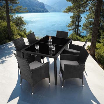 Wicker zitgroep Porto 6+1 met beschermhoes - zwart / grijs, Verzenden, Nieuw