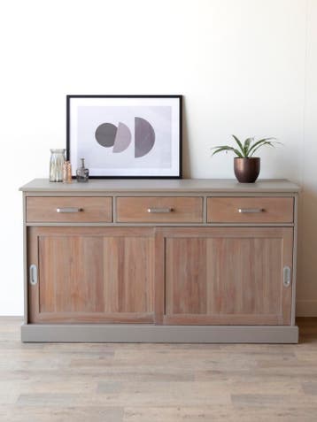 Grijs dressoir, schuifdeuren | Teak kast | Vavivo UITVERKOOP, Ophalen, 150 tot 200 cm, Teakhout, Nieuw