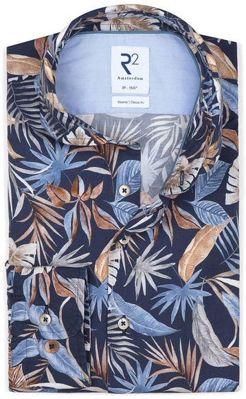 R2 Overhemd Print Bladeren maat 44 Heren, Kleding | Heren, Overhemden, Verzenden, Nieuw, Blauw, R2 Amsterdam