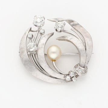 Broche - 18 karaat Witgoud Parel - Diamant