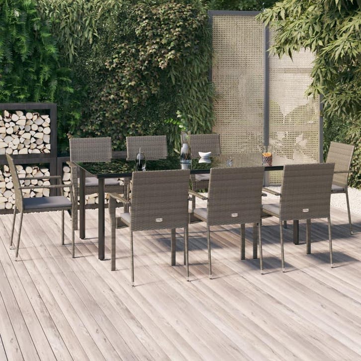 vidaXL 9-delige Tuinset met kussens poly rattan zwart en, Tuin en Terras, Tuinsets en Loungesets, Tuinset, Nieuw, 8 zitplaatsen