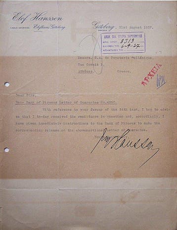 Themacollectie - 1937 Elof Hansson-autograaf - Vrijgave van