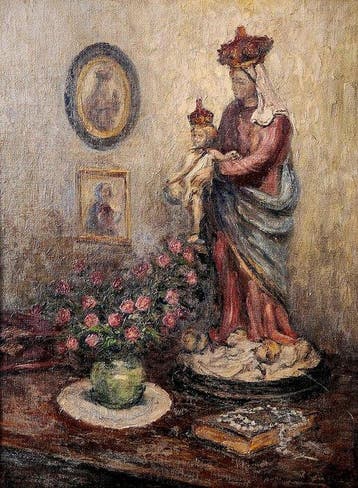 A. Luycx (XX) - Madonna met kind en bloemstilleven