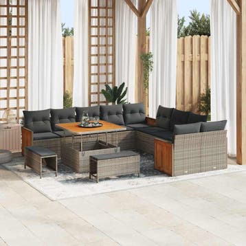 vidaXL Tuinbankenset met kussen 17 pcs Grijs poly rattan, Verzenden, Nieuw, Rotan, 7 zitplaatsen