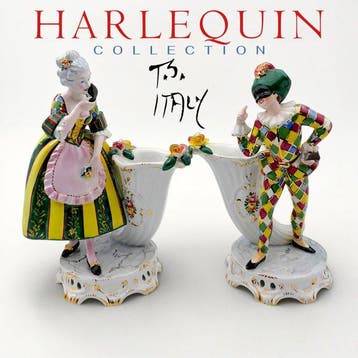 T.S: Italy - Figuur - 2x Vasi Cornucopia con Arlecchino e