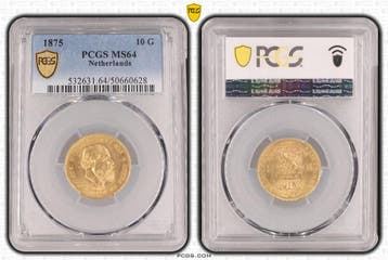 Gouden Willem III 10 gulden 1875 MS64 PCGS gecertificeerd, Koning Willem III, Verzenden, Goud, Losse munt