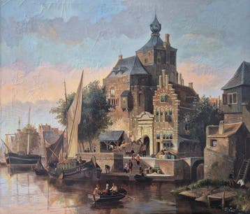 Willem Heijkoop (geb. 1942) - Stadtansicht mit Hafen,, Antiek en Kunst