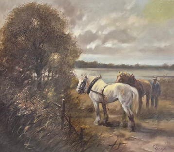 Karl Graf (1902-1986) - Bauer mit zwei Pferden am Flussufer, Antiek en Kunst