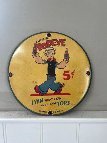 Emaille bord – Popeye “Drink Popeye” – 5 cent – vintage, Nieuw in verpakking