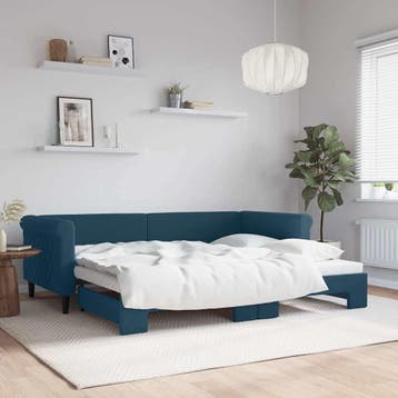 vidaXL Slaapbank met onderschuifbed 90x200 cm fluweel blauw, 90 cm, Eenpersoons, Nieuw, 200 cm