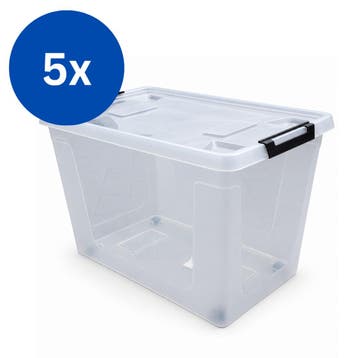 Opbergboxen - 60 Liter - met Deksel en Wieltjes - 5 Stuks, Ophalen of Verzenden, Nieuw