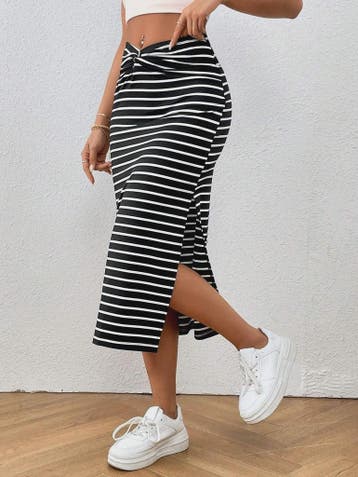 Dames Midi Rok met Streepjes, Knoopdetail en Split, Kleding | Dames, Rokken, Verzenden, Nieuw