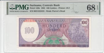 1985 Suriname 100 Gulden Pick 128b Pmg Superb Gem Unc 68 Epq, Verzenden