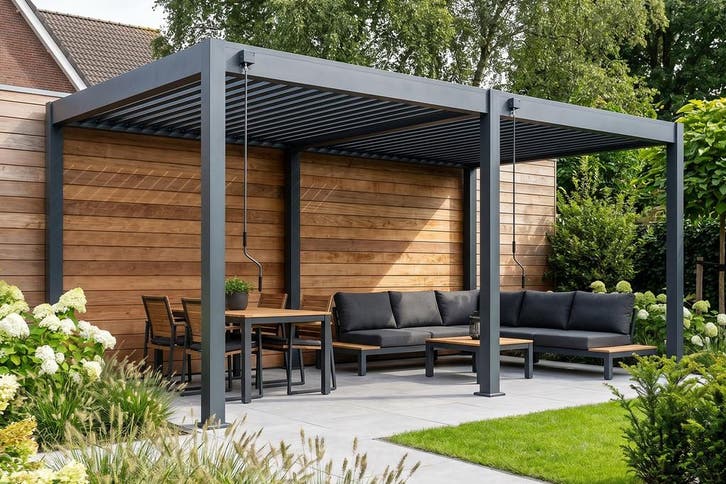 Lamellen overkapping - 5,3x3 m. - Aluminium - Antraciet -, Tuin en Terras, Overkappingen, Nieuw, Verzenden