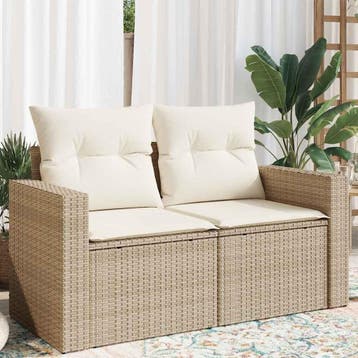 vidaXL Tuinbank 2-zits met kussens poly rattan beige, Verzenden, Nieuw