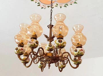 Kroonluchter (3) - Messing, Porselein, Glas - Capodimonte en