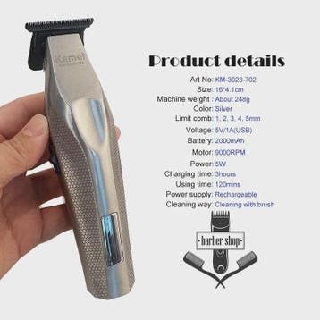 Kemei KM-3023-702 Professionele Draadloze Trimmer - 0MM Prec, Verzenden