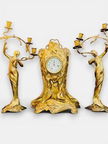 Klok en garnituur set (3) - Art Nouveau Brons - triptiek
