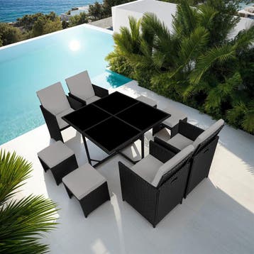 Wicker zitgroep Bilbao 4+4+1 met beschermhoes - zwart / grij, Tuin en Terras, Tuinsets en Loungesets, Verzenden, Nieuw