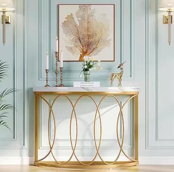 Luxe Gouden Halfronde Consoletafel – Marmerlook, 110 cm, Antiek en Kunst, Verzenden