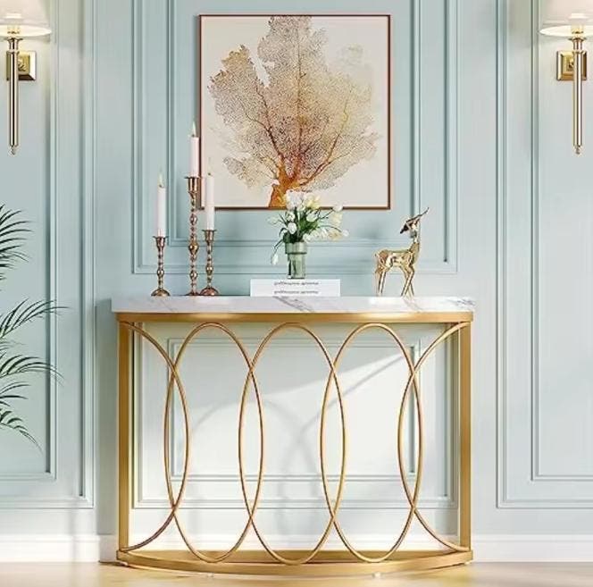 Luxe Gouden Halfronde Consoletafel – Marmerlook, 110 cm, Antiek en Kunst, Antiek | Meubels | Tafels, Verzenden