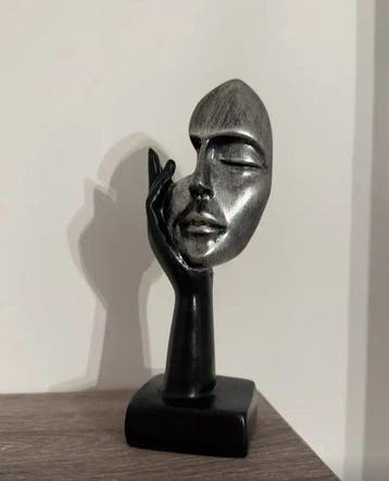 Elegant Modern Abstract Face Sculpture – Silver and Black, Antiek en Kunst