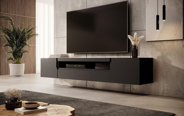 TV-Meubel - Mat zwart - Eiken - TV kast - 200x37x36 cm, Huis en Inrichting, Kasten | Televisiemeubels, 25 tot 50 cm, Nieuw, Overige houtsoorten